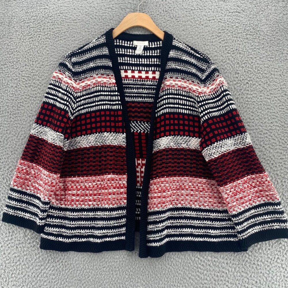 Chicos Sweater Womens 2 US Large Red Black Pattern Knit Open Cardigan 3/4 Sleeve